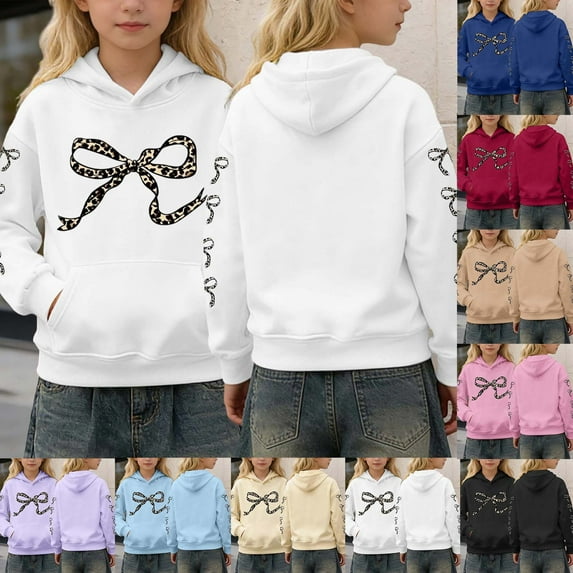 LRen Girls Hoodies Size 14-16, Girl Bow Leopard Printed Hoodies Drop Shoulder Long Sleeve Sweatshirts Pullover Preppy Back To School Cute Valentines Clothes,Blue,3-4 Years