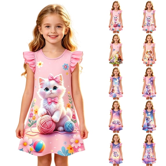 LRen Girls Nightgowns Summer Dresses Cute Animal Print Sleeveless Loose Fit Cartoon Casual Playwear Age 3-10 Years Nightwear Night Gowns for Kids Girls