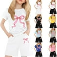 thumbnail image 1 of LRen Girls Outfit Graphic Print Short Sleeved Sports Suit Round Neck Trendy Shorts 2pcs Clothing Set Preppy Clothes, 1 of 4