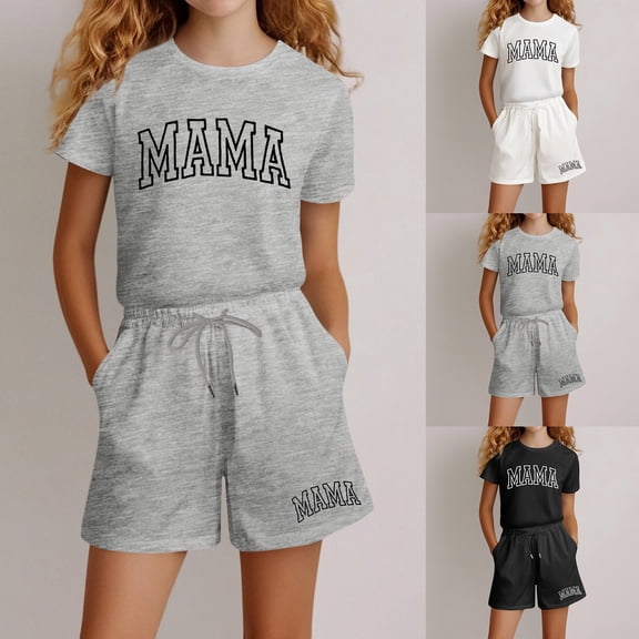 LRen Girls Outfits 4t Letter Print Short Sleeved Tops and Shorts Round Neck Loose Casual Weekend Set Preppy Clothes