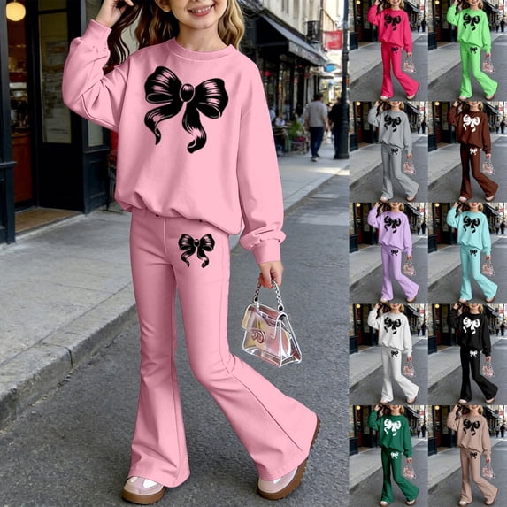 LRen Girls Outfits Bow Print 2 Piece Long Sleeve Top and Flare Pants Set Crew Neck Trendy Print Fall Spring Suit Outdoor Casual Clothes Valentines Gift