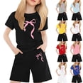 thumbnail image 1 of LRen Girls Outfits Cartoon Print Short Sleeve Tee and Shorts Round Neck Fashion Casual Girls Cotton Clothing 2pc Sets Back To School Clothes, 1 of 4