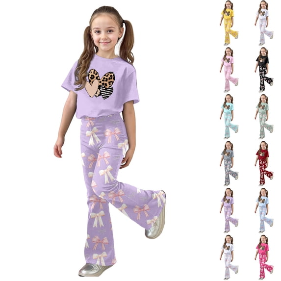 LRen Girls Outfits Print Shorts Sleeve and Wide Pants Set Crewneck Fashion Athleisure Short Sleeve Set Outdoor Casual Clothes Valentines Day Classroom Gifts