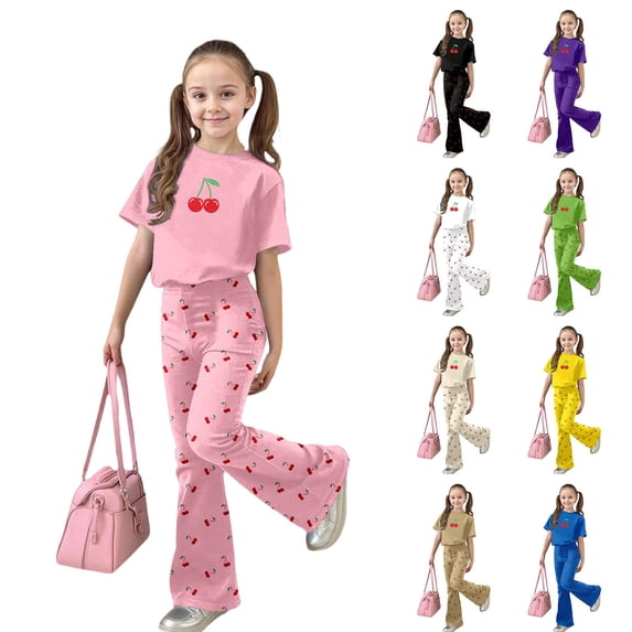 LRen Girls Outfits Size 10-12, Girl's 2 Piece Bowknot Outfits Valentine Short Sleeve Graphic Tees with Flare Pants Set Preppy Back To School Clothes,Blue,7-8 Years