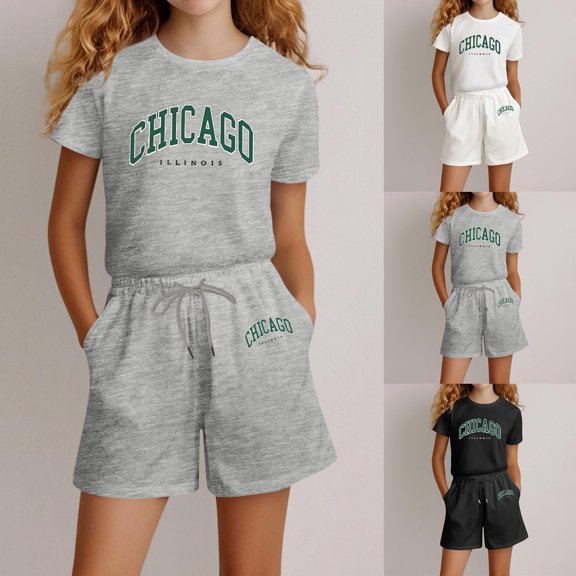 LRen Girls Outfits Size 14-16 Cartoon Print Short Sleeve T Shirt Tops Round Neck Fashion Oversized Matching T-Shirt and Shorts Preppy Clothes