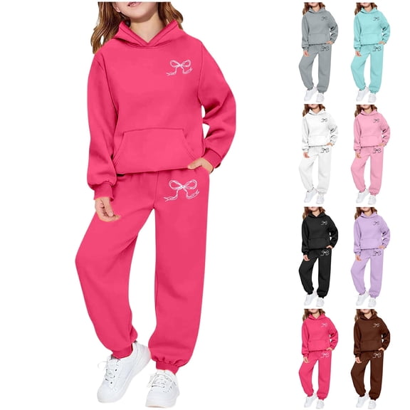 LRen Girls Outfits Size 14-16 Cute Print Crew Neck Long Sleeve Active Sweatshirt Pullover Tops Joggers Pants Comfortable Kids 2pcs Outfits Fall Winter Suit,Purple,8-9 Years