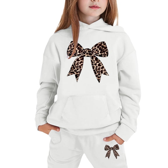 LRen Girls Print Hooded Crop Top and Sweatpants Two Piece Outfits Kids Casual Jogger Set,10-11 Years,Z2-White