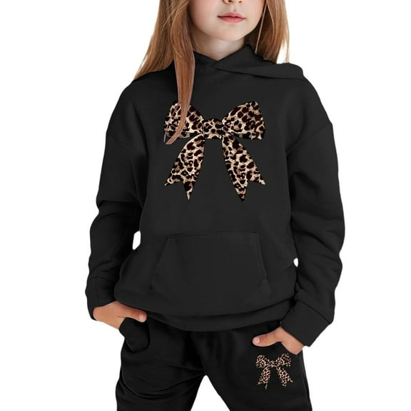 LRen Girls Print Hooded Crop Top and Sweatpants Two Piece Outfits Kids Casual Jogger Set,12-13 Years,Z2-Black
