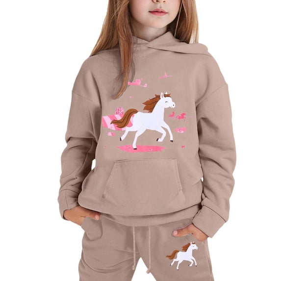 LRen Girls Print Hooded Crop Top and Sweatpants Two Piece Outfits Kids Casual Jogger Set,3-4 Years,Z1-Khaki