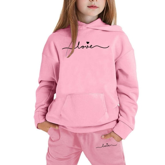 LRen Girls Print Hooded Crop Top and Sweatpants Two Piece Outfits Kids Casual Jogger Set,4-5 Years,Z3-Light Pink