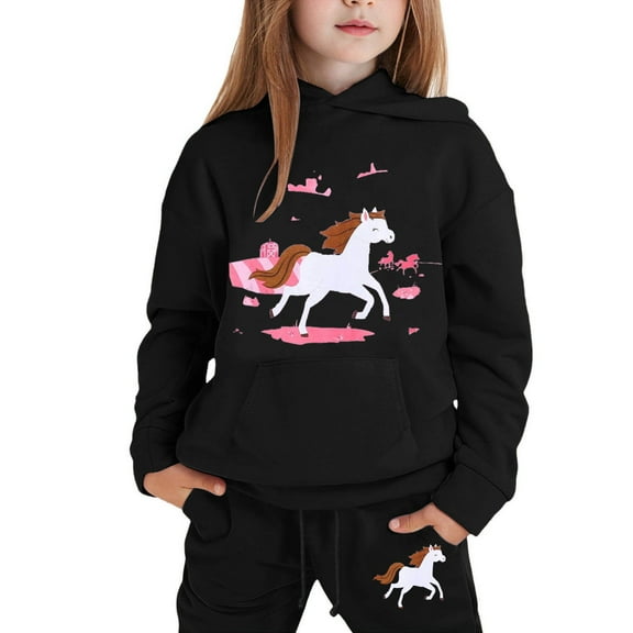 LRen Girls Print Hooded Crop Top and Sweatpants Two Piece Outfits Kids Casual Jogger Set,6-7 Years,Z1-Black