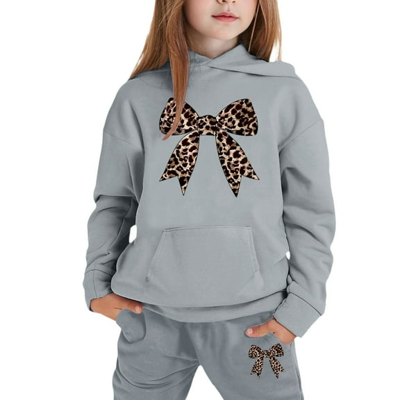 LRen Girls Print Hooded Crop Top and Sweatpants Two Piece Outfits Kids Casual Jogger Set,6-7 Years,Z2-Grey