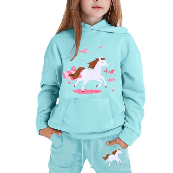 LRen Girls Print Hooded Crop Top and Sweatpants Two Piece Outfits Kids Casual Jogger Set,8-9 Years,Z1-Sky Blue