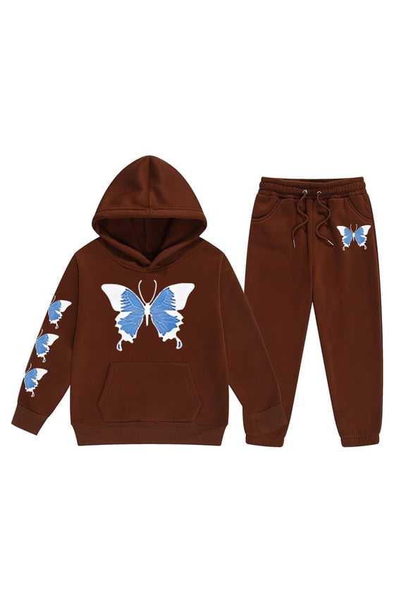 Girls Print Hooded Crop Top and Sweatpants Two Piece Outfits Kids Casual Jogger Set