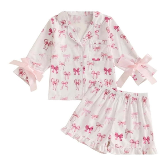LRen Girls Satin Pajama Set With Bow Print Long Sleeve Top And Shorts Loungewear For Sleepovers And Daily Comfort