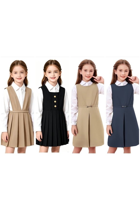 Girls School Uniform Dress Khaki Sleeveless Tank A-Line Skirt Pinafore Pleated Preppy Dresses Trendy Cute Casual Back To School Clothes for Girls