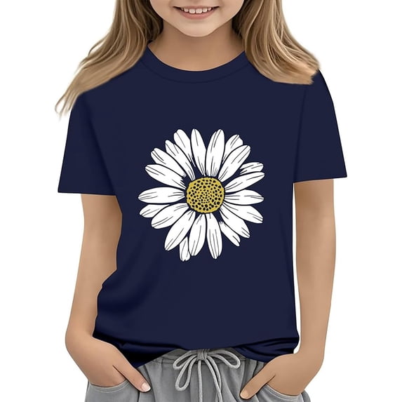 LRen Girls Shirts Cotton Short Sleeve Shirts for Girls T-Shirts Summer Graphic Tees Oversized Back To School Clothes Tops Tees Navy,6-7 Years