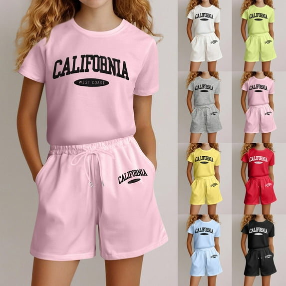 LRen Girls Short Sets Cartoon Print Short Sleeve Tops and Shorts Set Round Neck Trendy Beach Outfits Flower Print Summer Tropical Suit Outdoor Casual Clothes