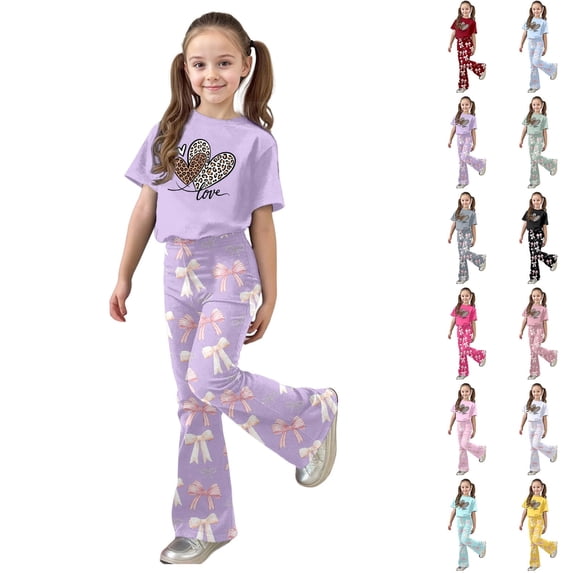 LRen Girls Short Sets Graphic Print Short Sleeved Tops and Casual Pant Outfits Set Crew Neck Trendy Street Outfit Preppy Clothes Valentines Day Classroom Gifts
