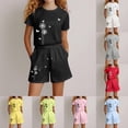 thumbnail image 1 of LRen Girls Short Sets Size 7-8 Bow T Shirt and Shorts Outfits Set Round Neck Comfy Beach Vacation Short Sleeve Set Back To School Clothes, 1 of 4
