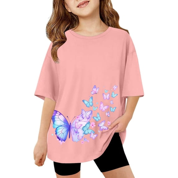 LRen Girls Short Sleeve T-Shirts Kids Cute Graphic Basic Tees Fashion Summer Oversized Casual Crewneck Tops Size 3-4 Years