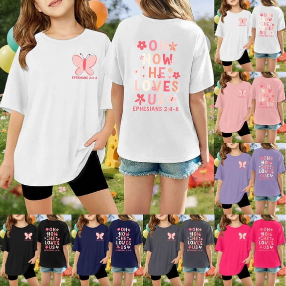 LRen Girls Short Sleeve T-Shirts Kids Letter Print Shirts Cute Summer Basic Tees Tops Soft Fashion Crewneck Tees
