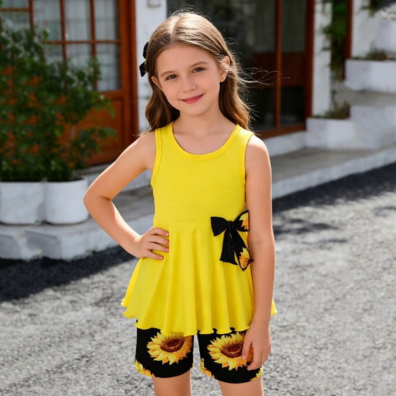 LRen Girls Spring Outfits 2 Piece Cute Bowknot Print Sleeveless Top Dress and Shorts Set Kids Summer Outfits