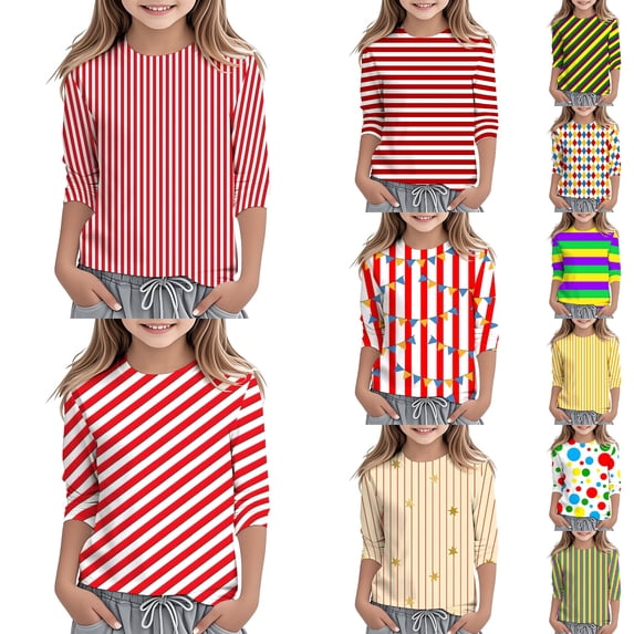 LRen Girls Striped Shirts Casual 3/4 Lenght Sleeve Crewneck Basic Tunic Blouse Loose Comfy Soft Tees Valentines Gifts for Kids Classroom