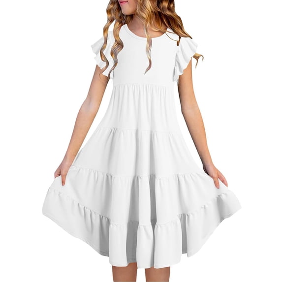 LRen Girls Summer Dresses Double Layer Flutter Sleeve Flowy A-Line Sundress Casual Gradient Midi Dresses for 8-9 Years