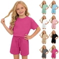 thumbnail image 1 of LRen Girls Summer Outfits 2 Piece Outfits Short Sleeve T Shirts Top and Shorts Clothing Sets Drawstring with Pockets Toddler Girl Outfits, 1 of 6