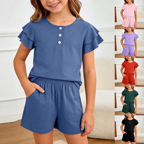 LRen Girls Summer Outfits 2 Piece Sets Ruffle Short Sleeve Button Down Shirts and Shorts Set Kids Clothes with Pockets Spring Outfits for Girls