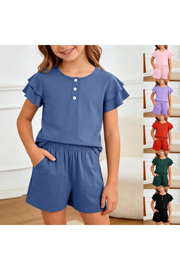 Girls Summer Outfits 2 Piece Sets Ruffle Short Sleeve Button Down Shirts and Shorts Set Kids Clothes with Pockets Spring Outfits for Girls