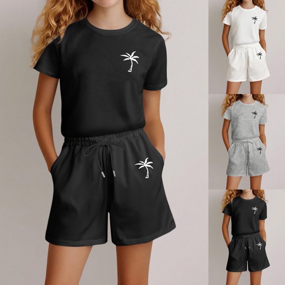 LRen Girls Summer Outfits Size 16 Cute Print Short Sleeve T-Shirt & Shorts Set Crewneck Casual Holiday T Shirt Short Pants 2 Piece Suit Outdoor Casual Clothes