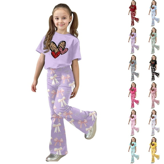 LRen Girls Summer Outfits Size 6 Cartoon Print T Shirt Top and Wide Pants Sports Suit Crewneck Children's Fashion Athleisure Short Sleeve Set Preppy Clothes Valentines Day Classroom Gifts