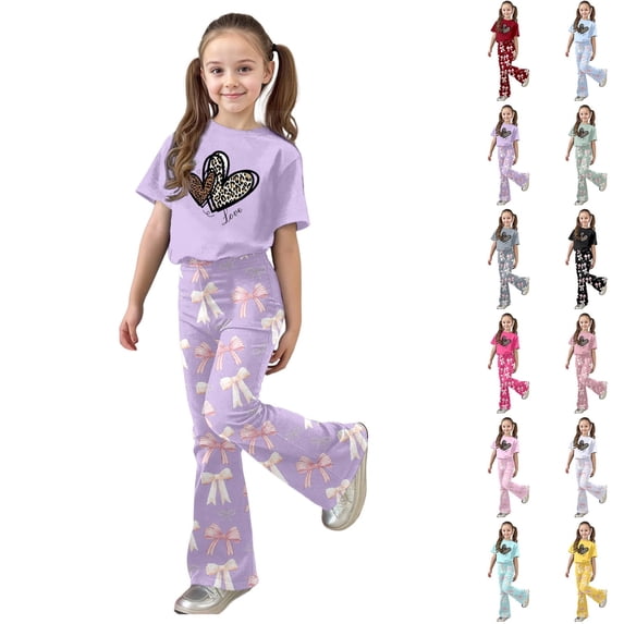 LRen Girls Summer Outfits Size 7 Cute Print Short Sleeved Tops and Casual Pant Sports Suit Crew Neck Loose Beach Vacation Short Sleeve Set Preppy Clothes Valentines Day Classroom Gifts