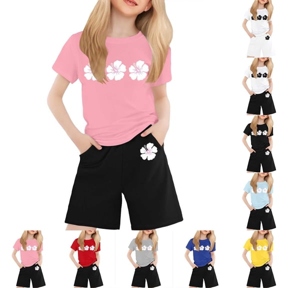 LRen Girls Summer Outfits Size 8 Cute Print Short Sleeved Sports Suit Crewneck Casual Sports Tshirt Shorts 2pc Outfits Clothes Back To School Clothes
