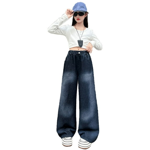 LRen Girls Sweatpant Jeans Casual Solid Color Denim Pants for Girls Slim Straight Stretchy Bell Bottoms with Pockets,160,C-Dark Blue