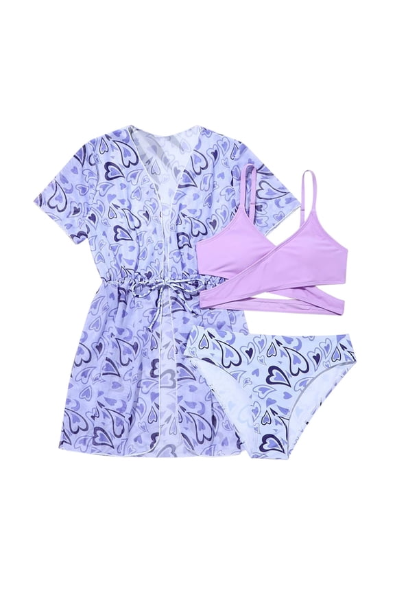 Girls Swim Suits 6 Floral Bikini Set Triangle Crop Top Oversized Loose Cute Summer Bikini Swimwear with Cover Ups Beach Skirt Beachwear