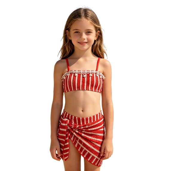 LRen Girls Swimsuit 3 Piece Bikini Tropical Floral Bathing Suit for Girls Quick Dry Swimwear with Cover Up,Red,9-10 Years