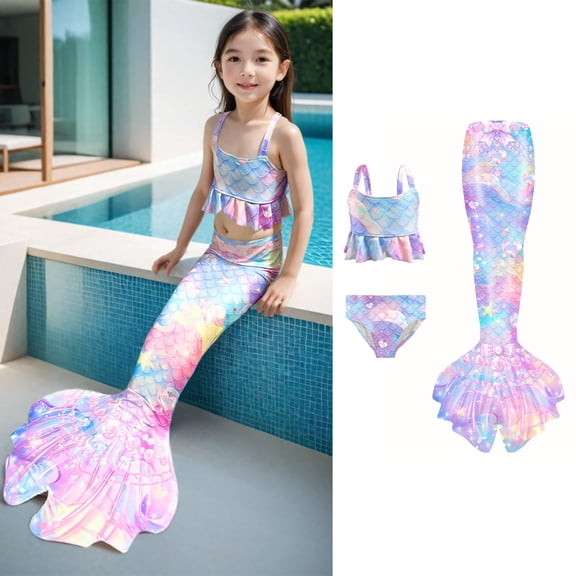 LRen Girls Swimsuits Size 10-12 Ruffles Cute Swimsuits for Teen Girls Bikini Fish Tail Set Summer Bathing Suit Bikini Set with Fishtail,Sky Blue,8-9 Years