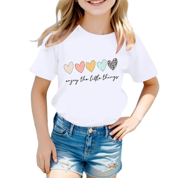 LRen Girls T Shirts Cute Graphic Print Round Neck Short Sleeve Tee Tops Summer Casual School Uniform T Shirt Clothes for Girls White,8-9 Years