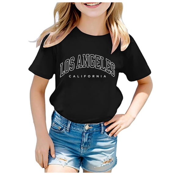 LRen Girls T Shirts Kids Tshirts Letter Print Short Sleeve Tees for Teens Crew Neck Tops Cotton Back To School Clothes Black,7-8 Years