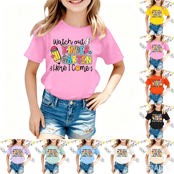 LRen Girls T Shirts Size 8,Back To School Clothes for Teen Girls Graphic Prints Summer Casual School Uniform Preppy Short Sleeve T-Shirts
