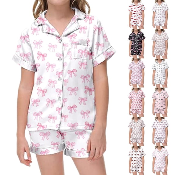 LRen Girls Valentines Day Outfit Satin Cute Bow Set Silk Short Sleeve Button Down Tops+Shorts 2PCS Summer Bow Clothes for Big Kids