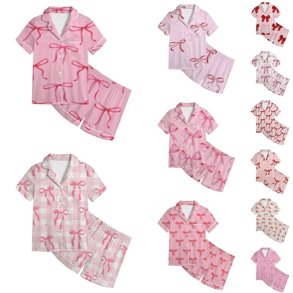 LRen Girls Valentines Day Outfit Satin Cute Bow Set Silk Short Sleeve Button Down Tops+Shorts 2PCS Summer Bow Clothes for Big Kids