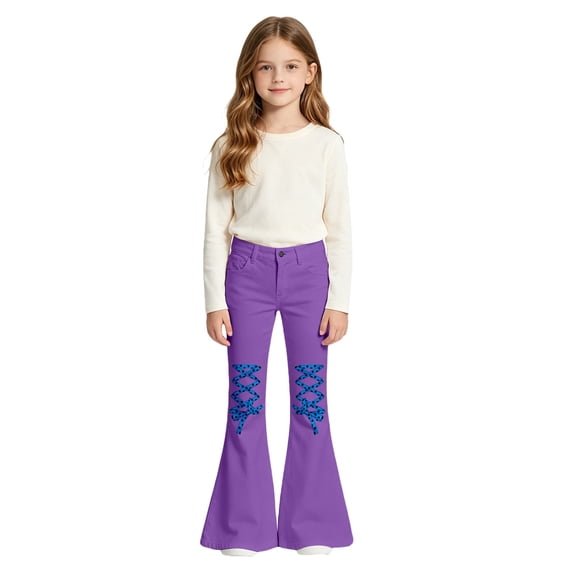 LRen Girls Wide Leg Flare Pants Straight Leg Preppy Pull on Loose Fit with Pocket Trousers for Tween Girls Age 5-6 Years