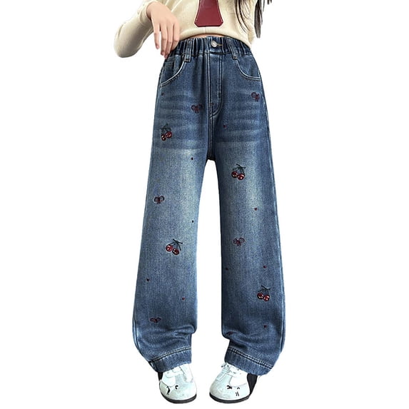 LRen Girls Wide Leg Jeans Baggy Bow Embroidery High Elastic Waist Denim Pants Cute Y2K Trendy Tween Streetwear,4-5 Years