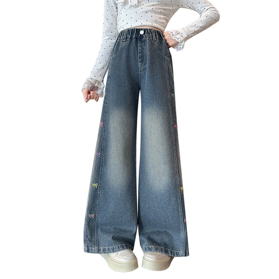 LRen Girls Wide Leg Jeans Casual Baggy Pants for Girl Cute Soild Straight Pant Y2k Trousers Fall Winter Streetwear,13-14 Years
