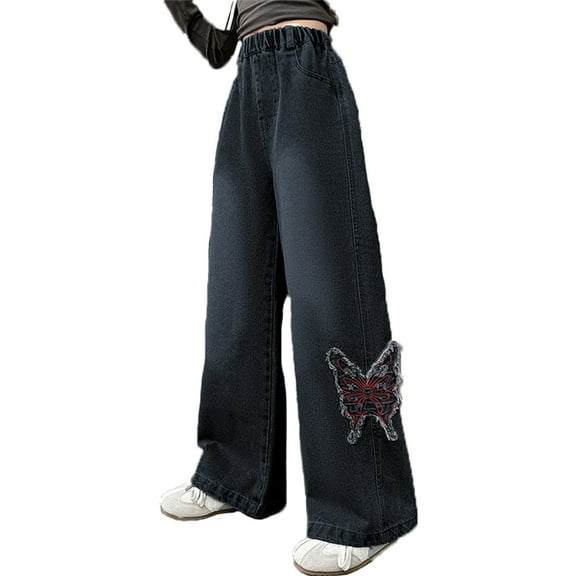 LRen Girls Wide Leg Jeans Size 16 Loose Solid Color Denim Pants for Girls Tall Girls Girlfriend Jogger Straight Stretchy Jeans,170,B-Black