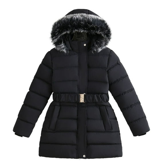 LRen Girls Winter Down Padded Coat Warm Thickened Lined Hooded Jacket Outerwear For Cold Weather Fashionable Toddler,Black,13-14 Years